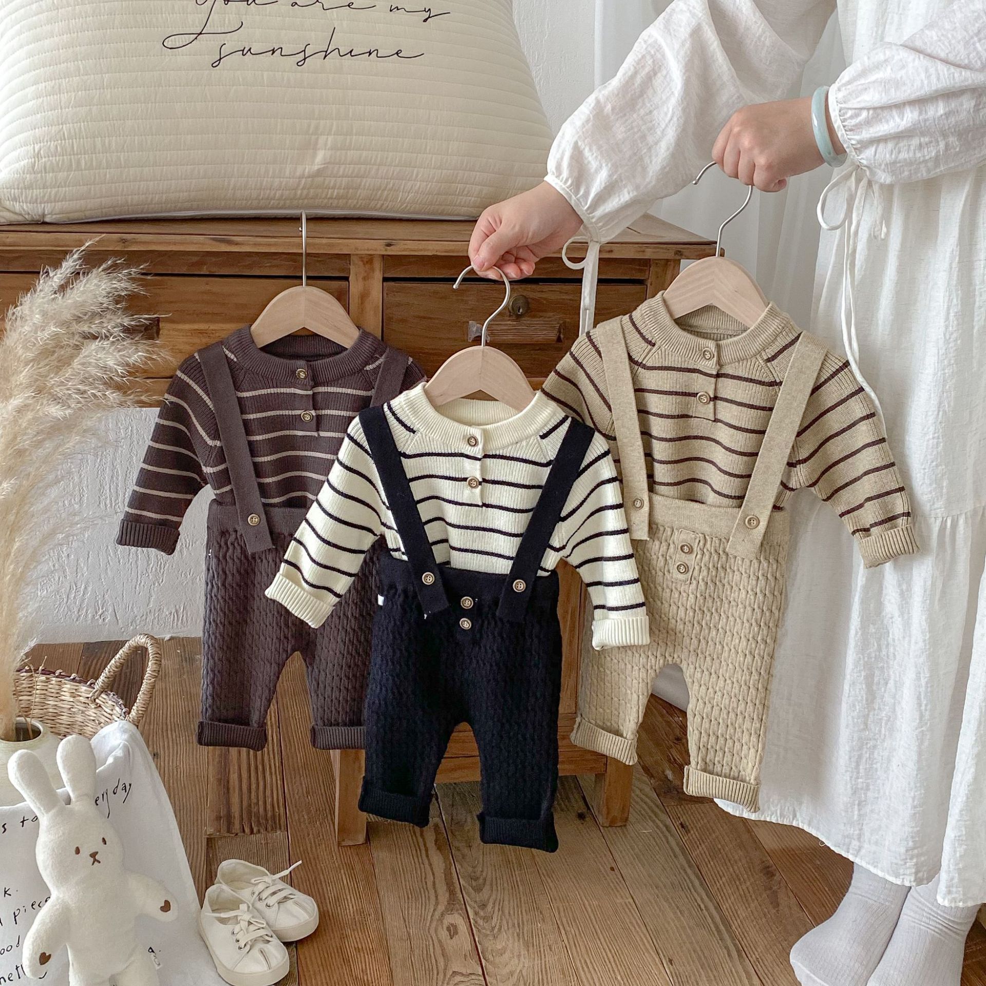 Baby Striped Sweater Overalls Set