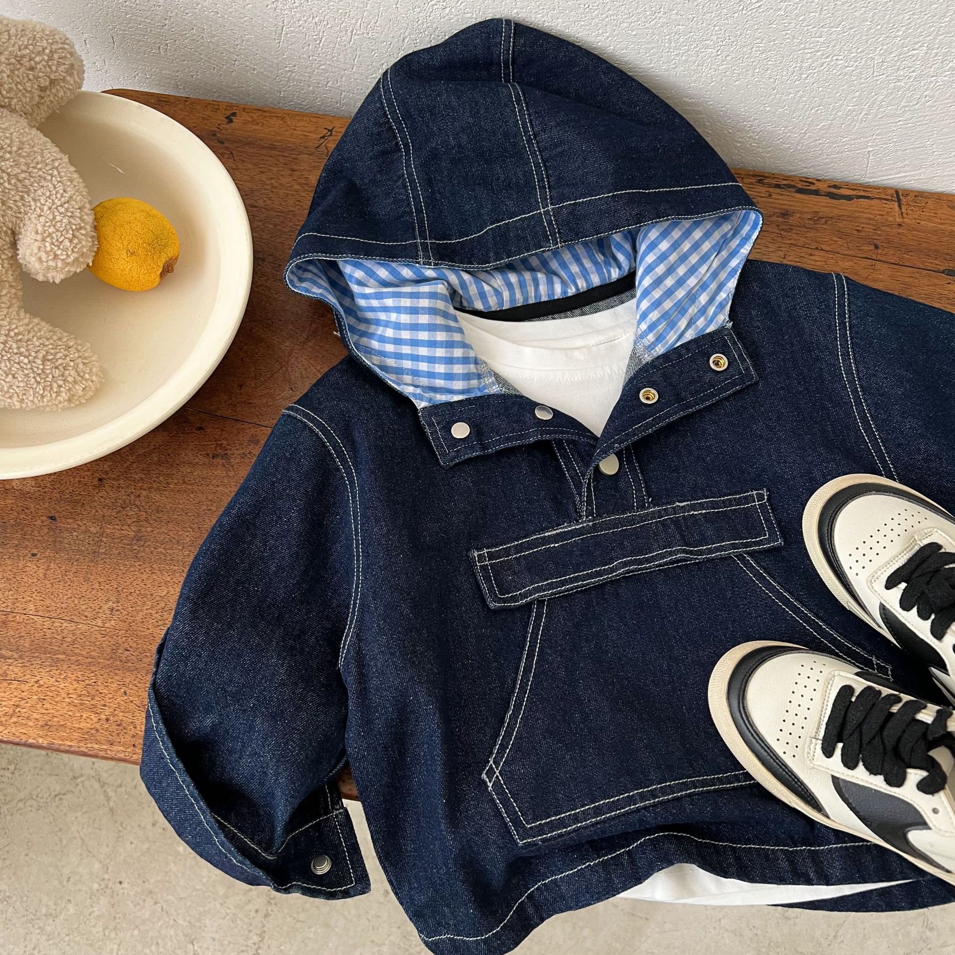 Kids Checkered Lining Denim Outerwear
