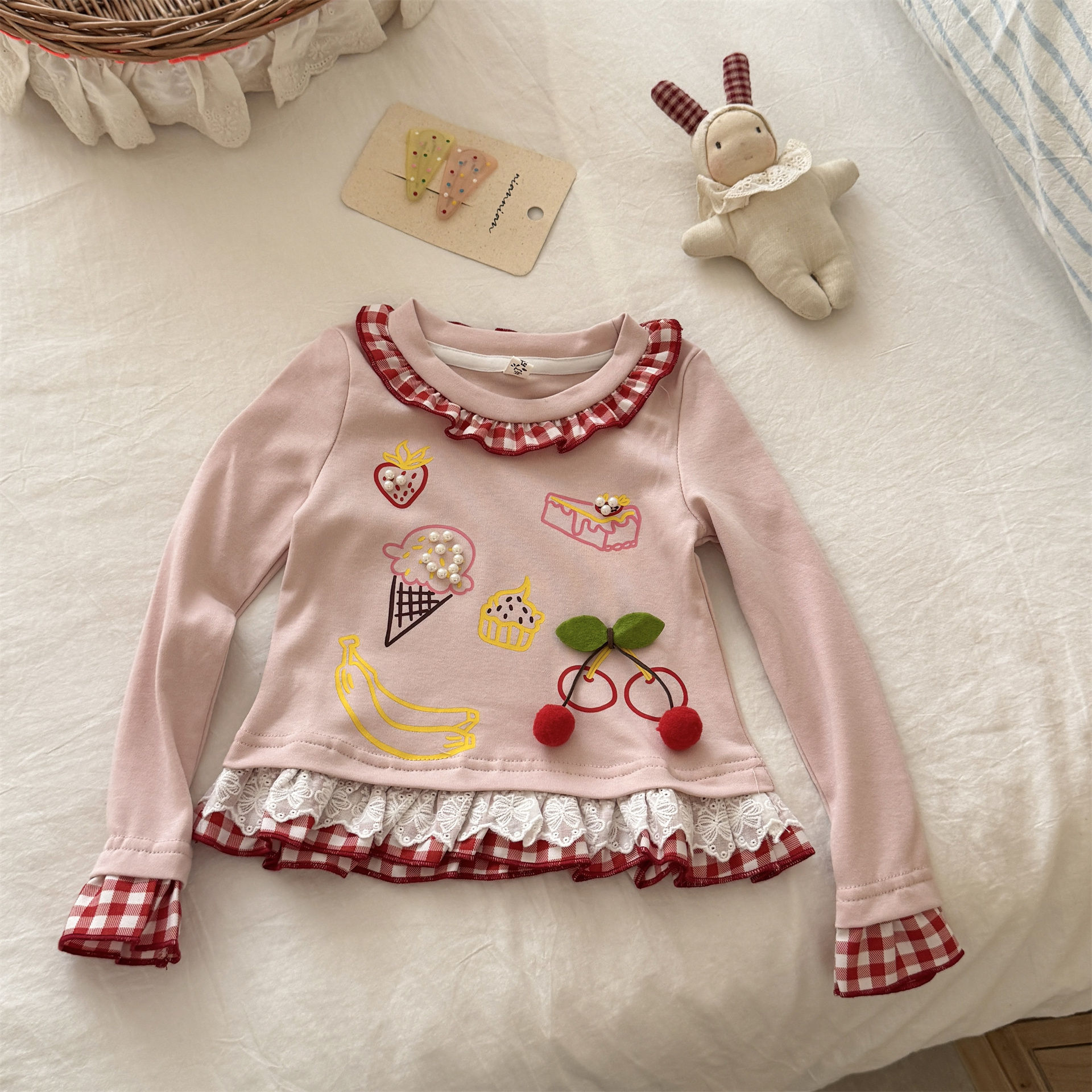 Kids Checkered Lace Trim Food T-shirt
