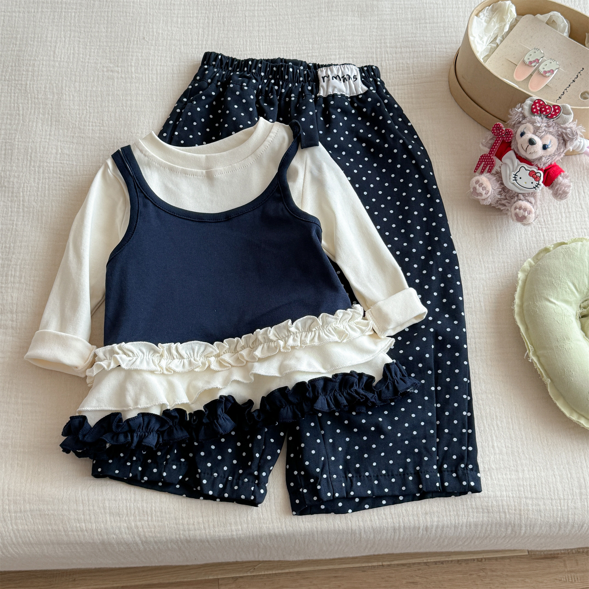 Kids Lace Faux Two-Piece Top and Polka Dot Pants Set