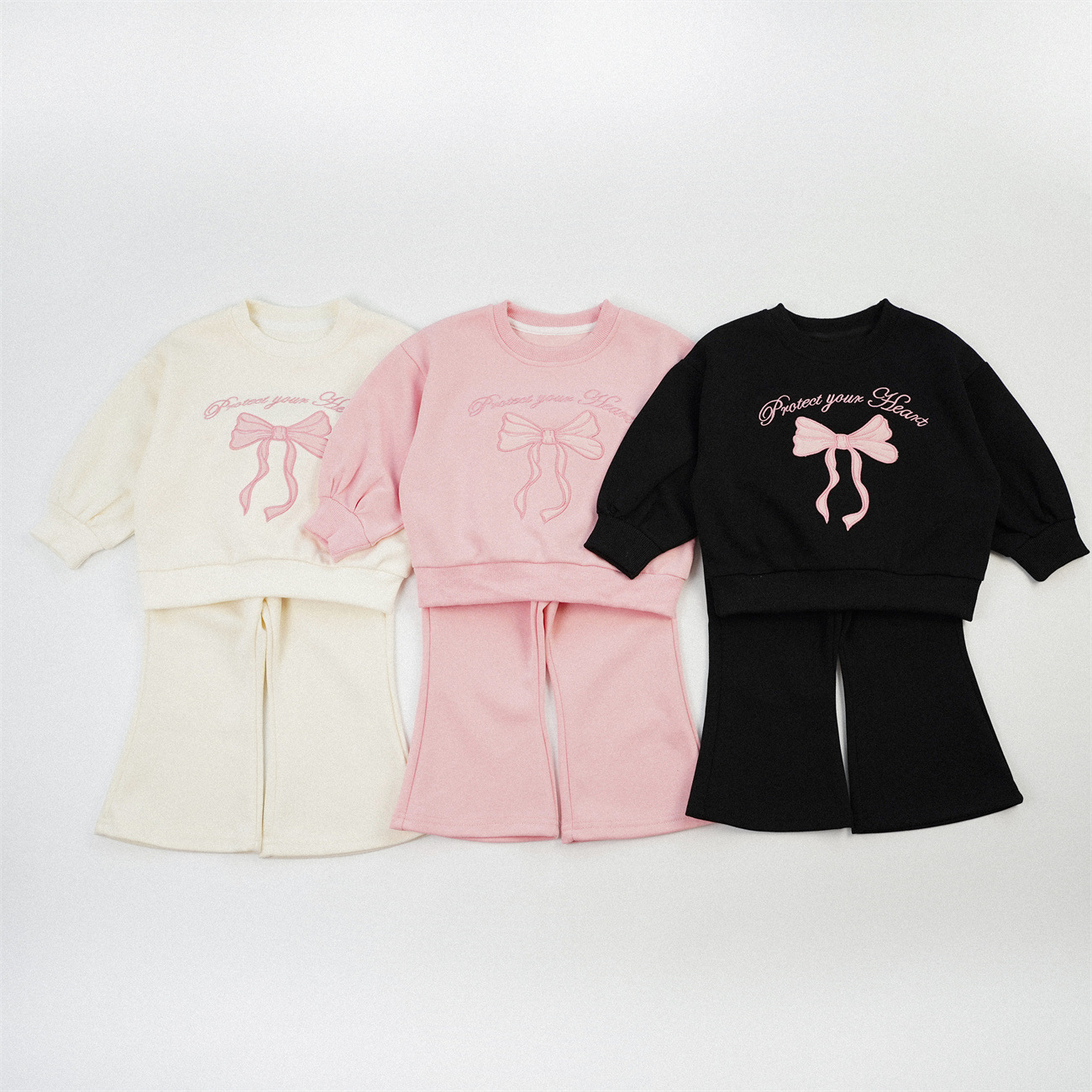 Kids Embroidered Letters Bow Sweatshirt and Bell Pants Set