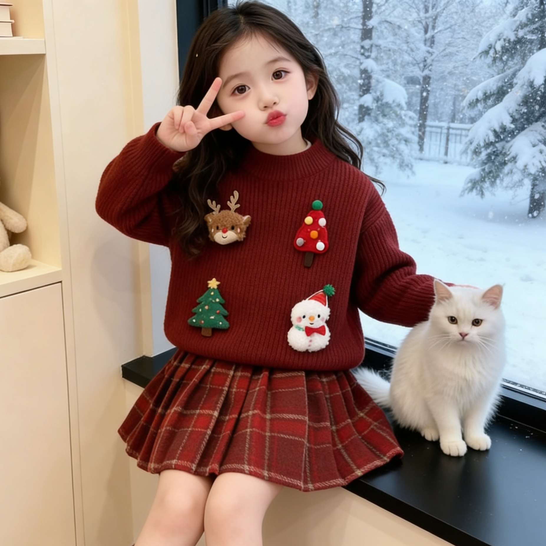Kids Christmas Knit Sweater and Checkered Skirt Set