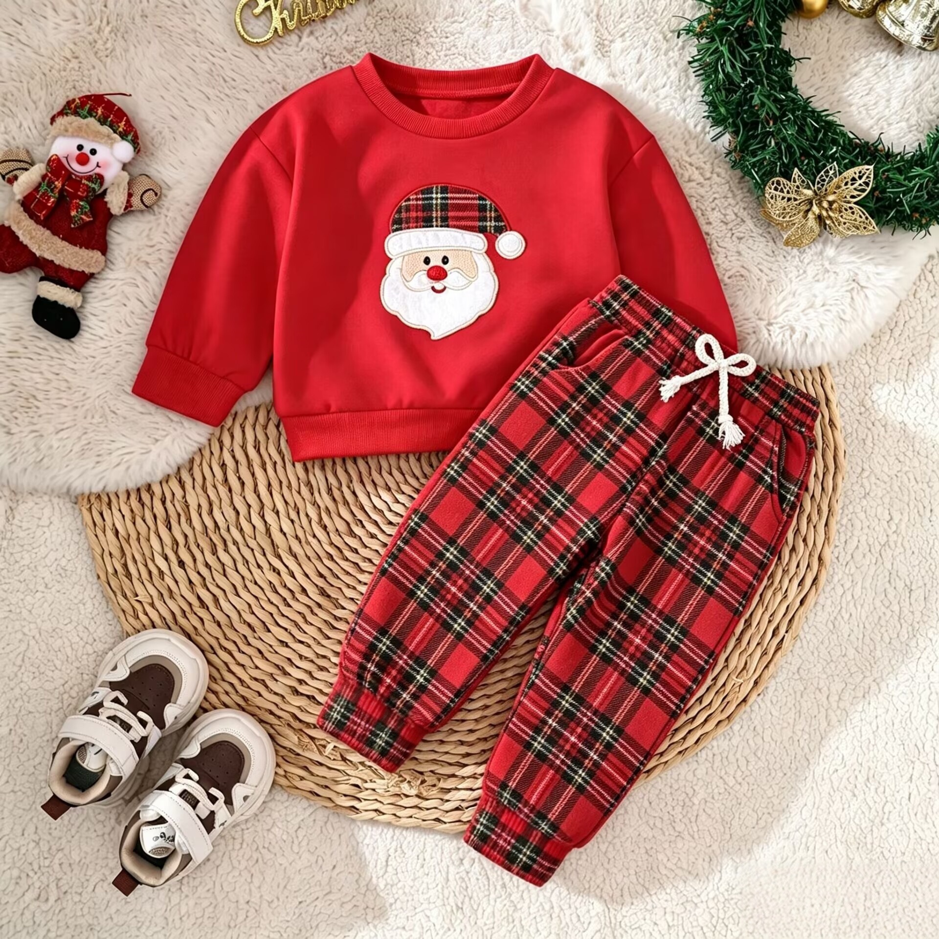 Baby Santa Claus Sweatshirt and Checkered Pants Set