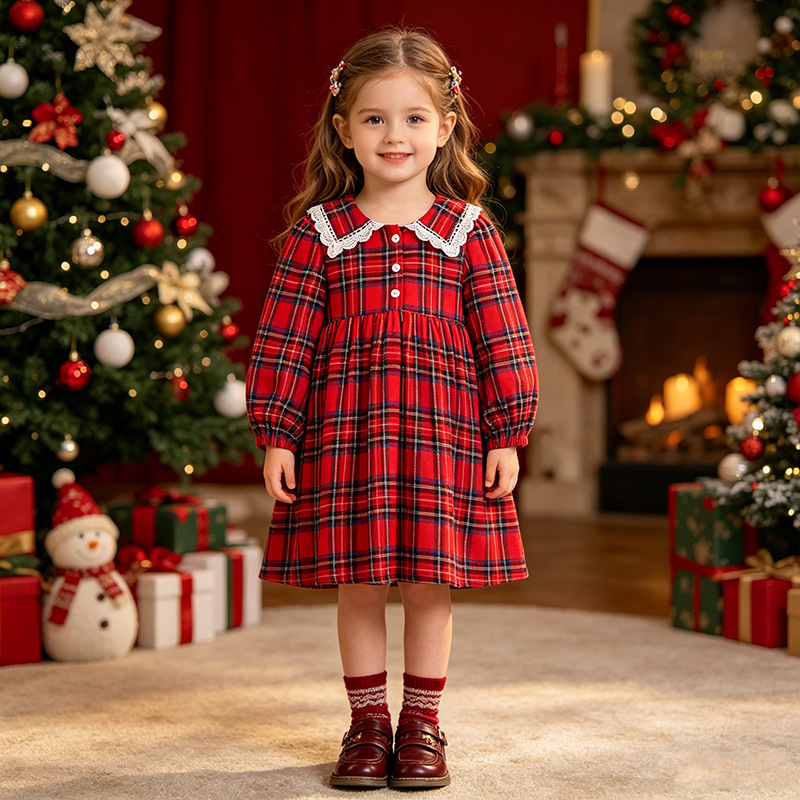 Kids Christmas Lace Collar Checkered Dress
