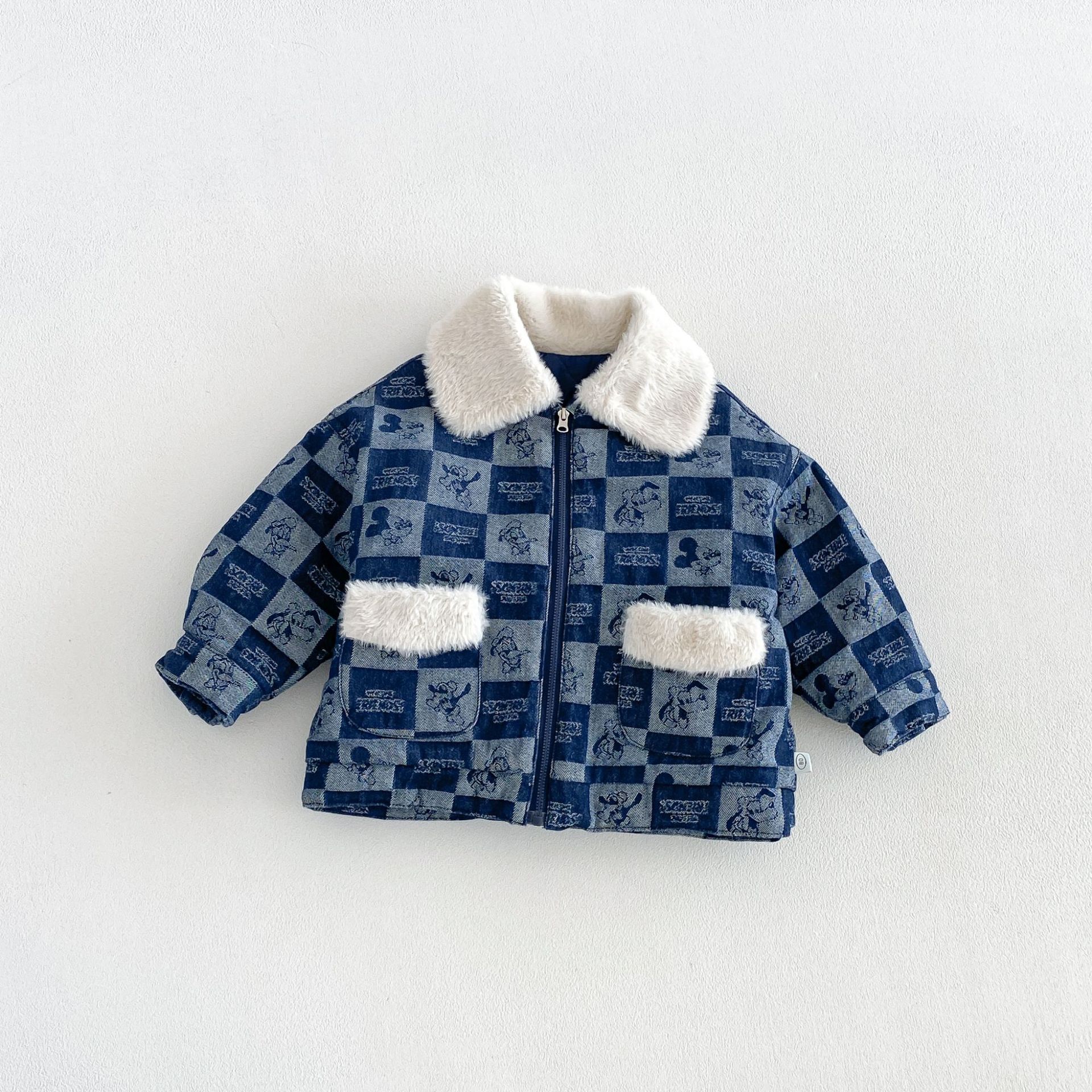 Kids Checkered Cartoon Animals Thickened Outerwear