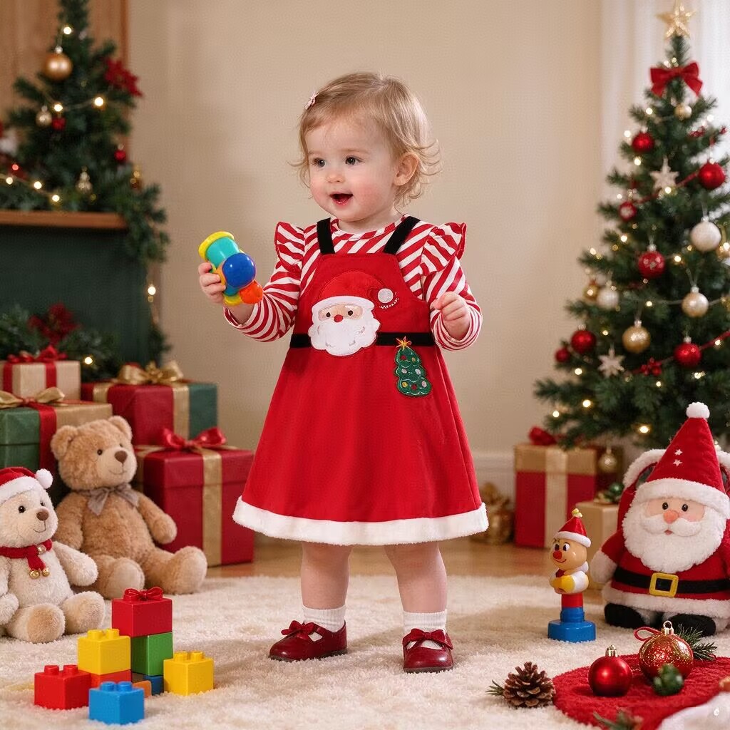 Kids Stripe Top and Santa Claus Embroidery Pinafore Dress Set