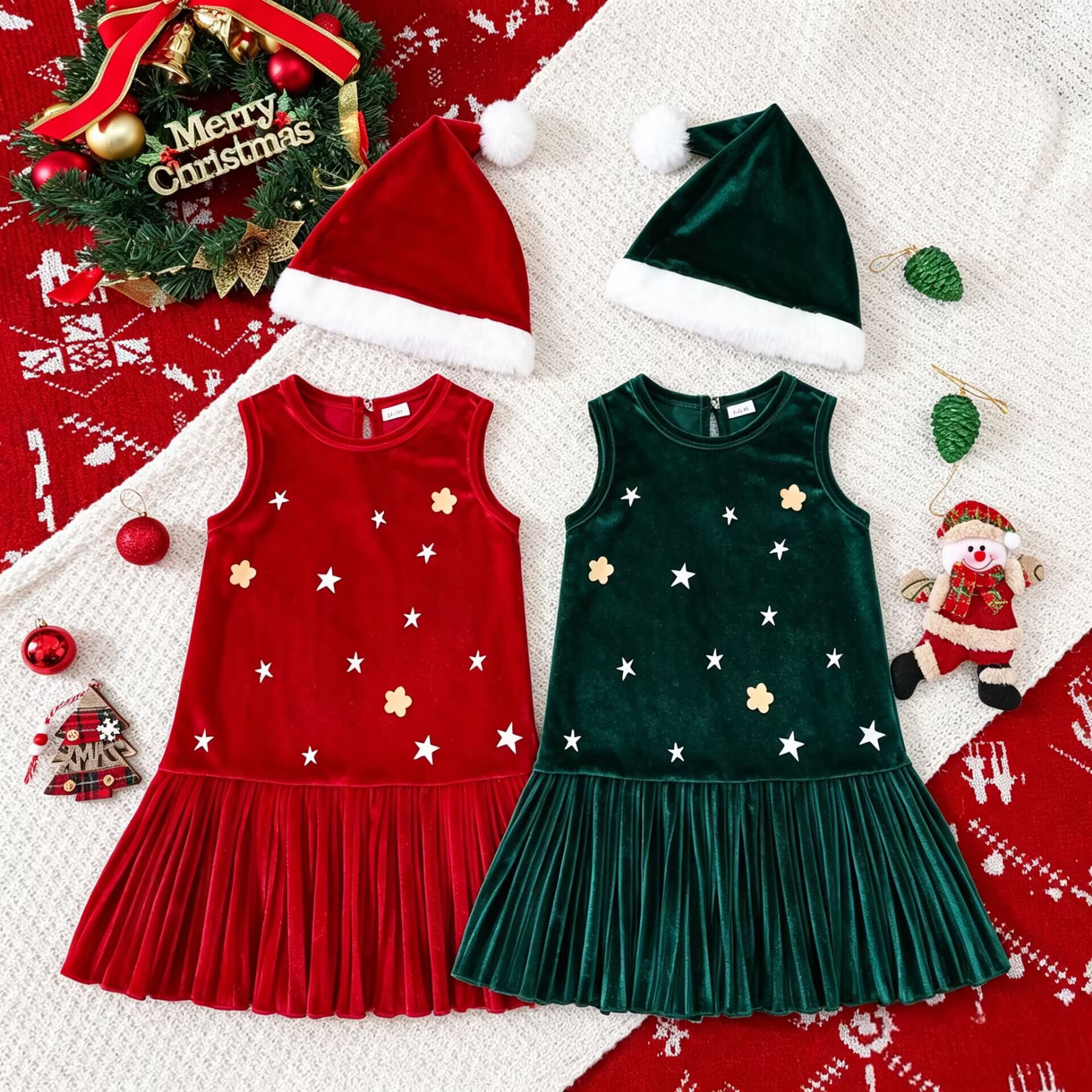 Kids Christmas Sleeveless Golden Velvet Dress