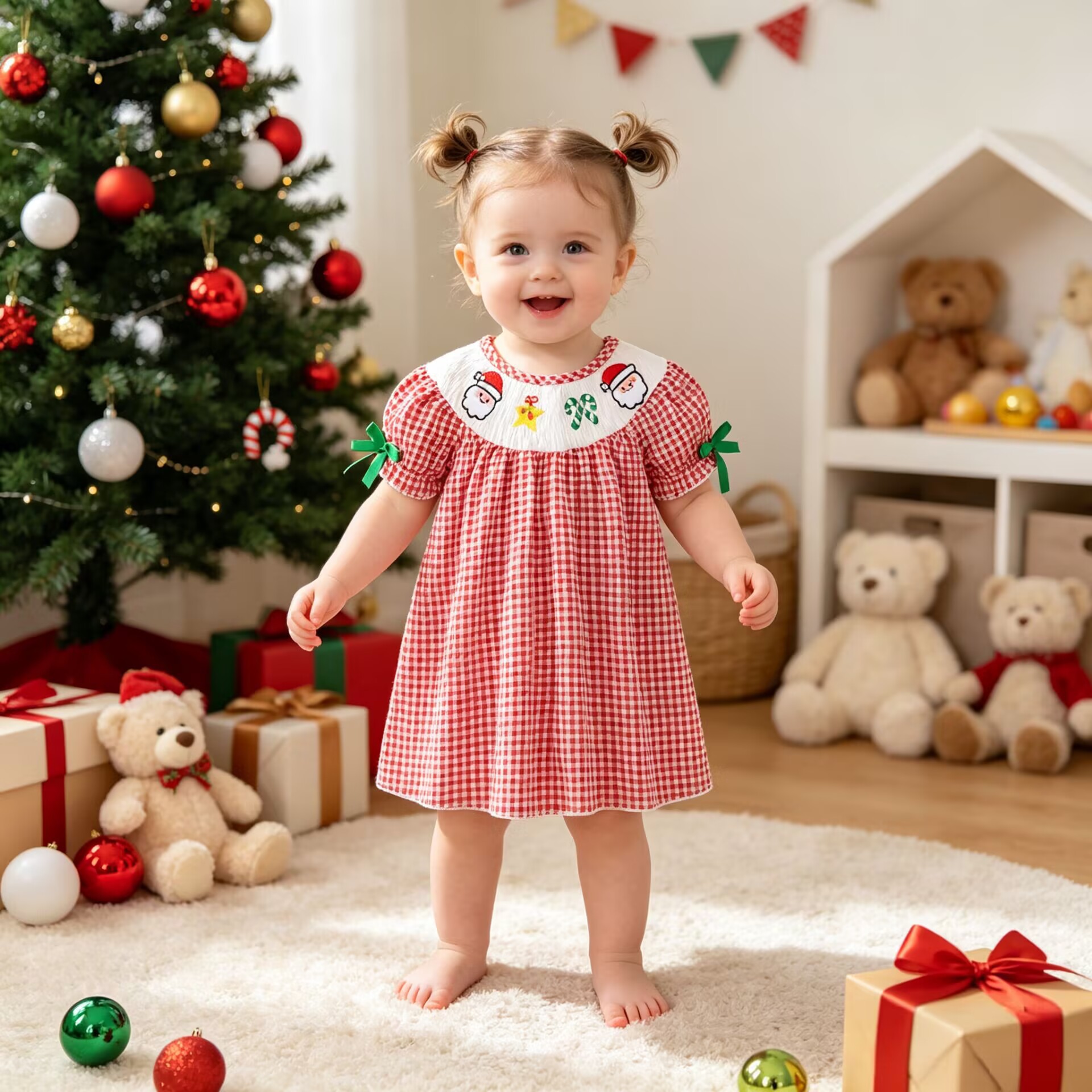 Baby Toddler Santa Claus Puff Sleeves Checkered Dress
