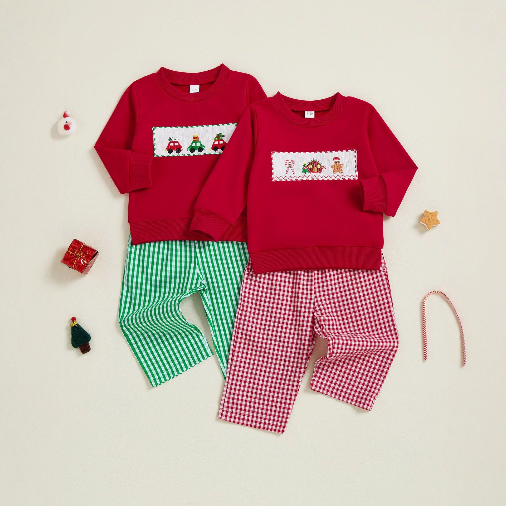 Baby Toddler Christmas patterns T-shirt and Checkered Pants Set
