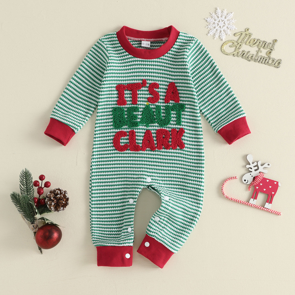 Baby Letter Embroidery Color Blocking Stripe Waffle Romper