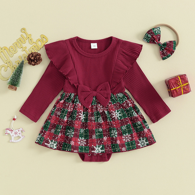 Baby Ribbed Ruffles Patchwork Plaid Onesie