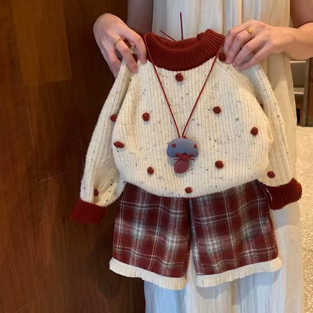Kids Polka Dot Sweater and Fleece Lined Checkered Pants Set