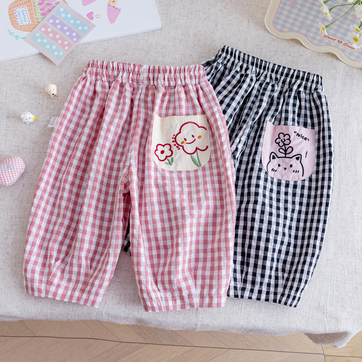 Kids Plaid Flower Loose Pants