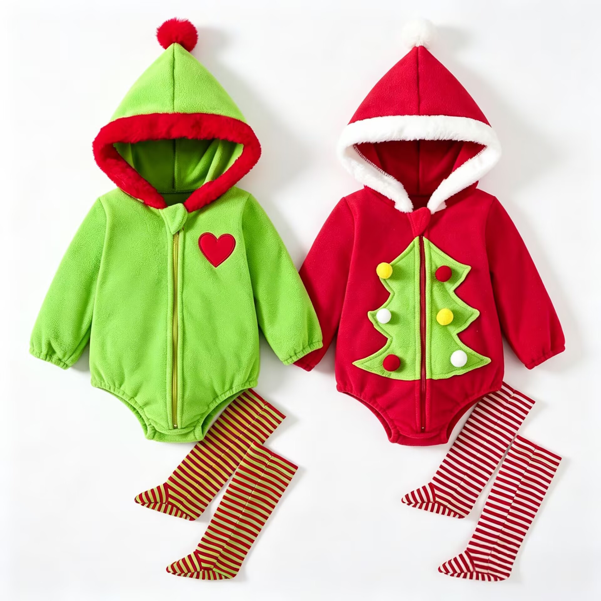 Baby Christmas Fleece Hooded Zipper Onesie With Stripe Socks
