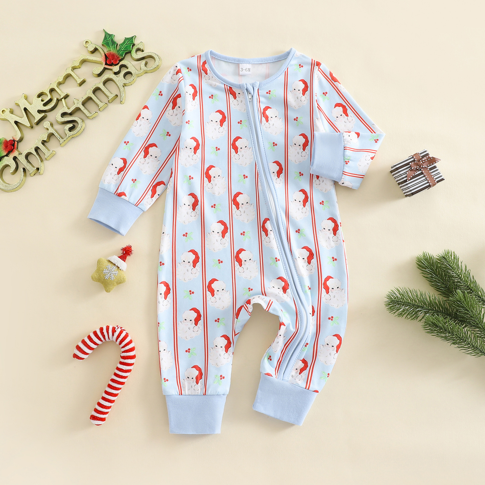 Baby Stripe Santa Claus Zipper Romper