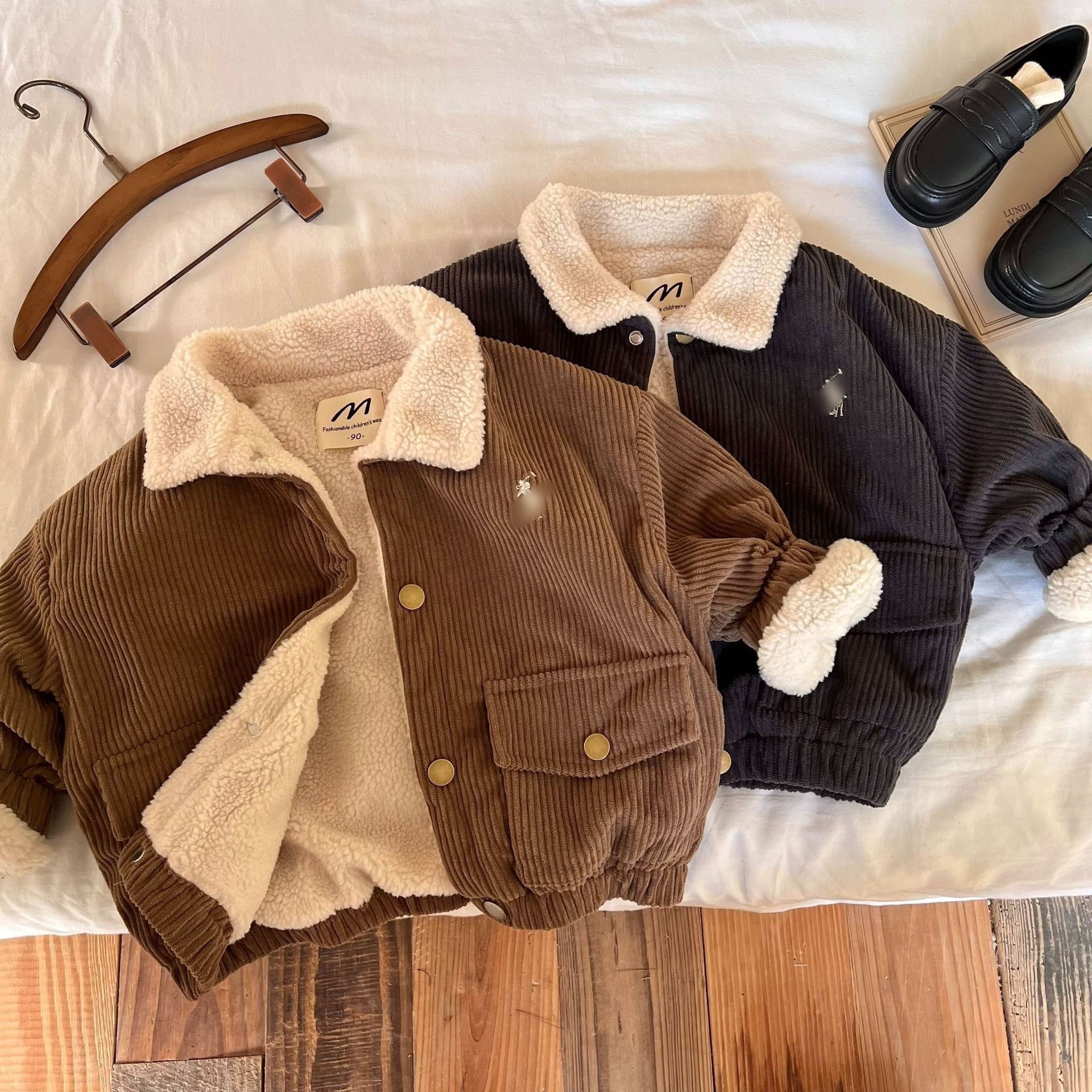 Kids Ribbed Fleece Lined Lapel Collared Outerwear