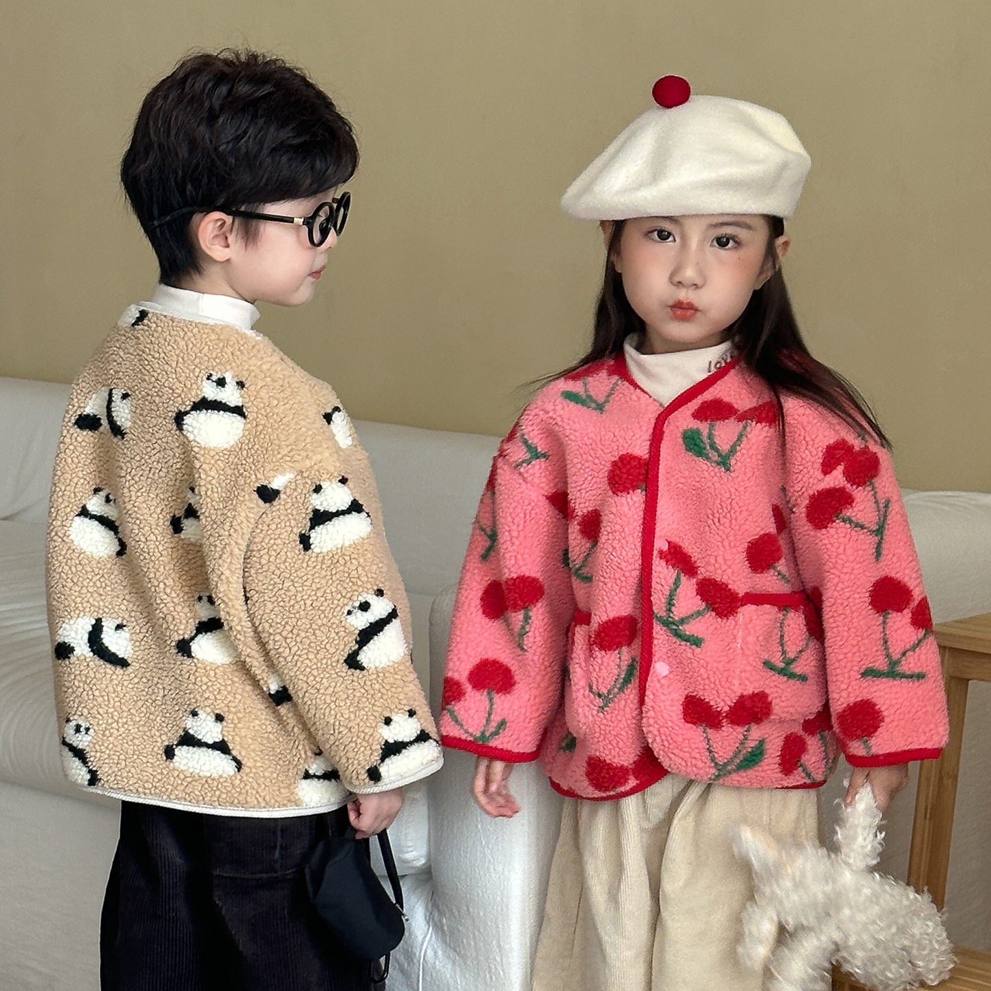 Kids Fruit Animals Print Lambswool Outerwear