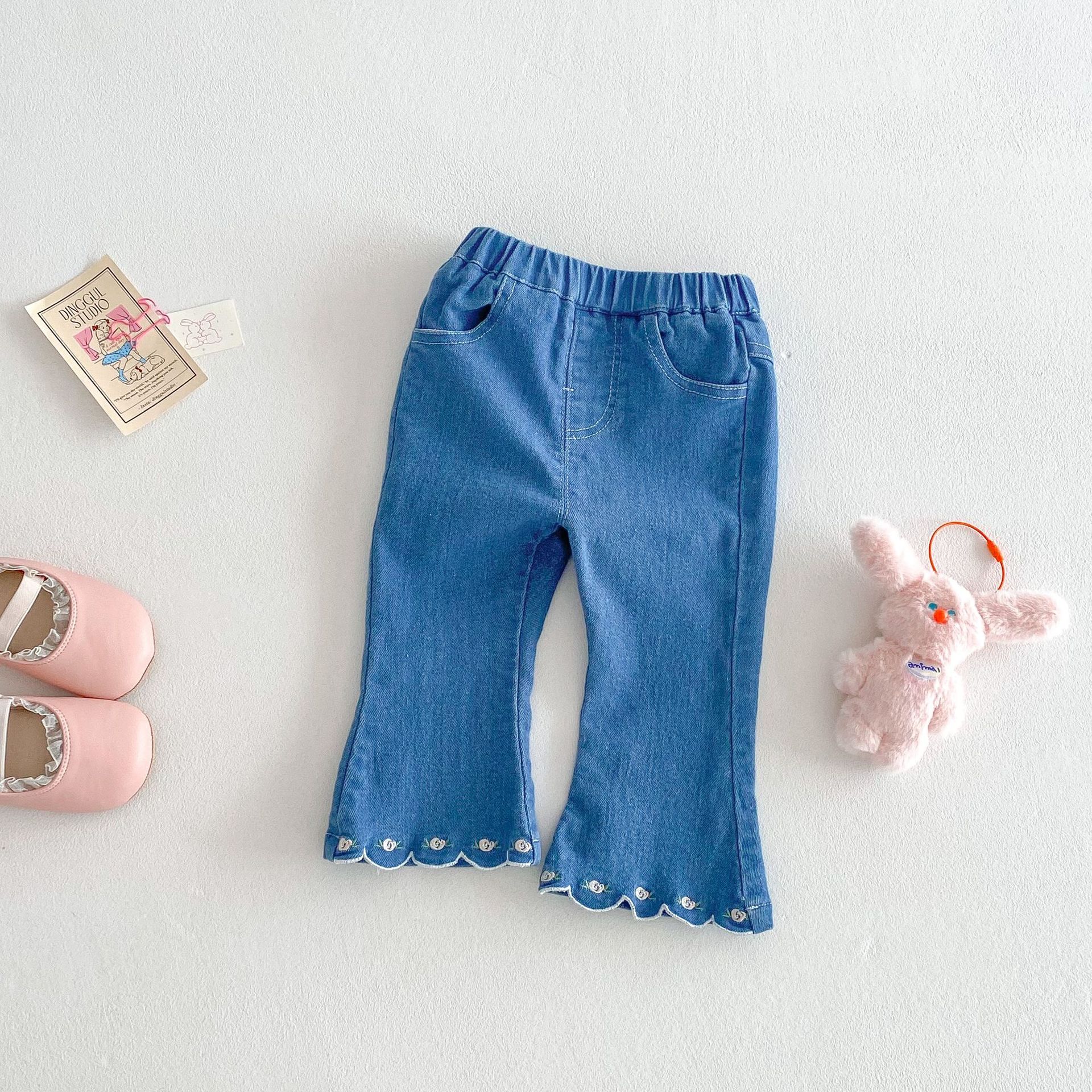 Baby & Kid Flower Embroidery Trumpet Denim Pants