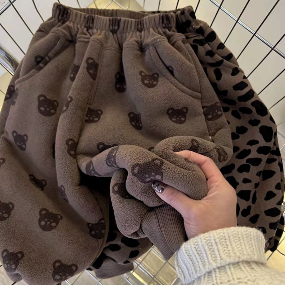 Kids Leopard Print Bear Fleece Lined Pants