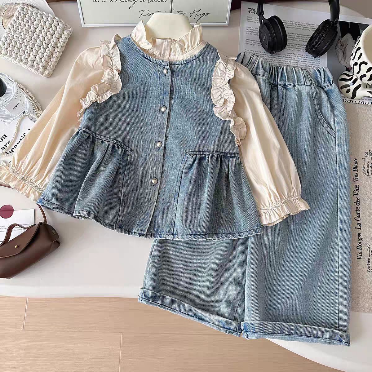 DailyBebe Kids Lace Shirt Denim Vest 3-Piece Set