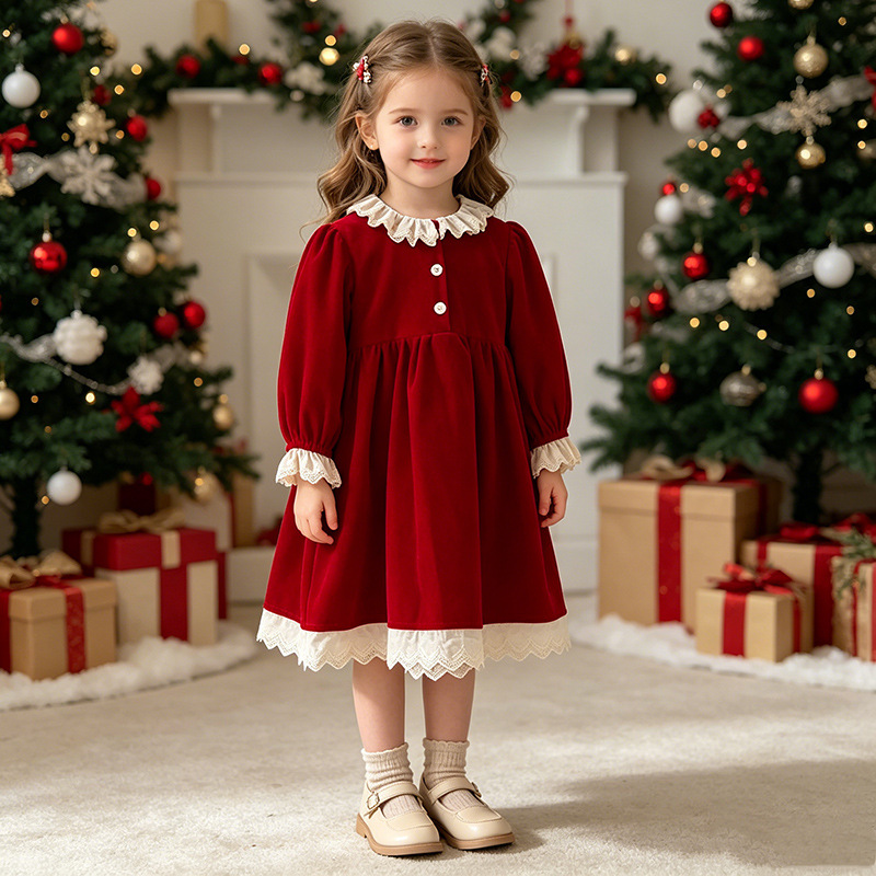 DailyBebe Kids Christmas Lace Trim Collar Dress
