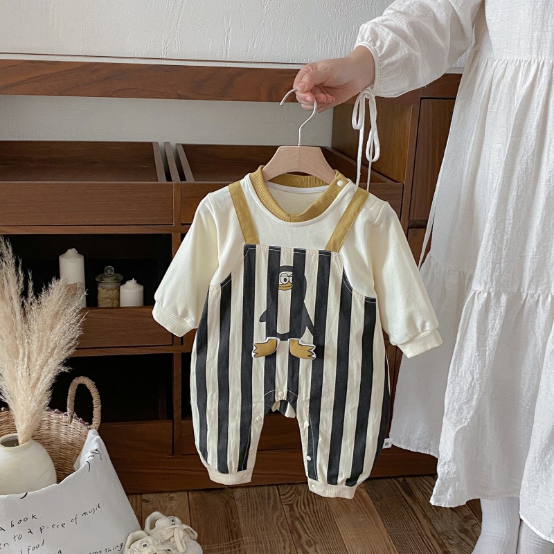 Baby Penguin Print Striped Patchwork Romper
