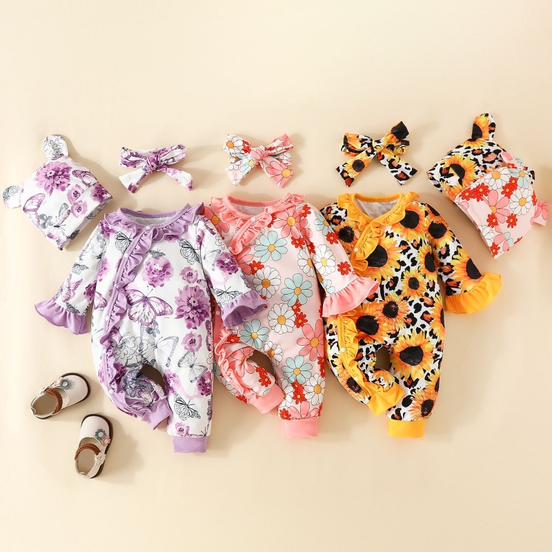 3- Piece Baby Newborn Flower Print Romper Set