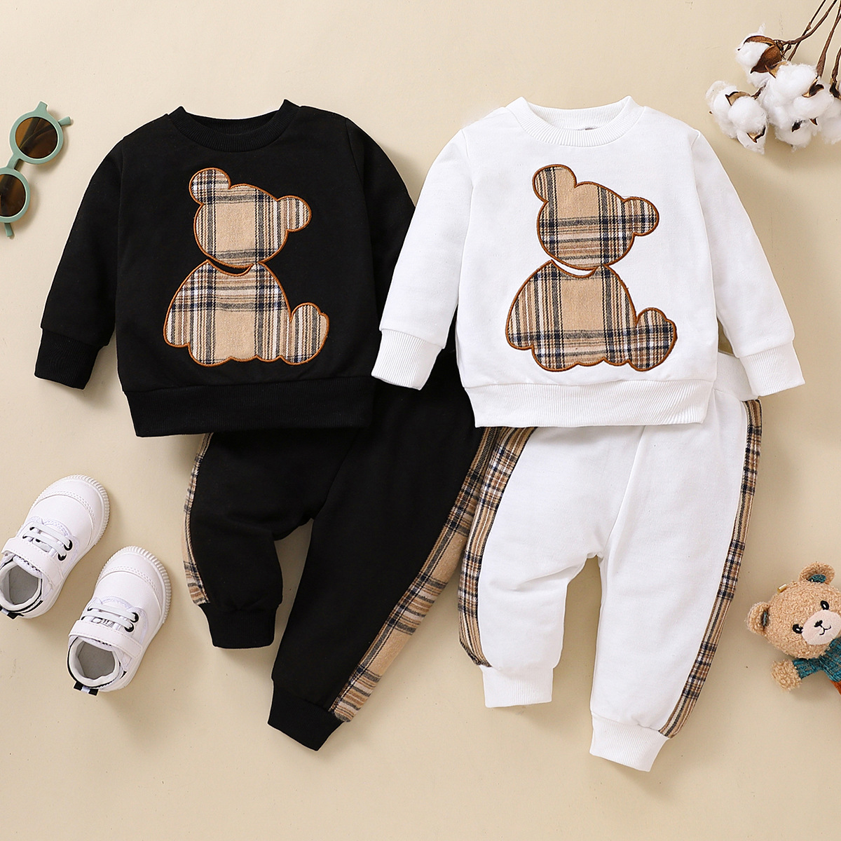 2-Piece Plaid Bear Baby Newborn Sweatshirt Set