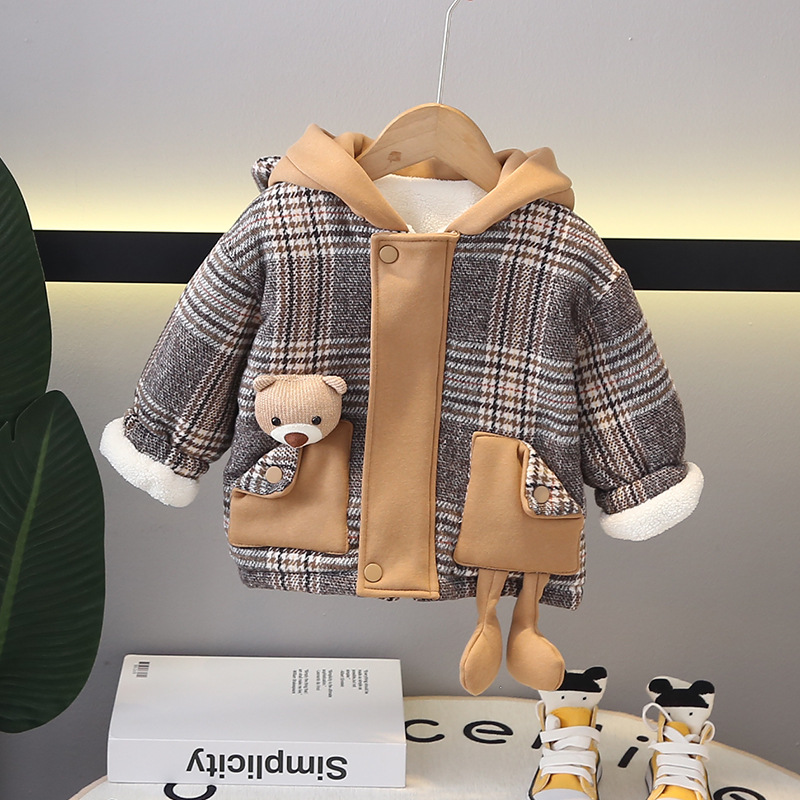 Toddler Bear Pendant Classic Plaid Cotton Jacket