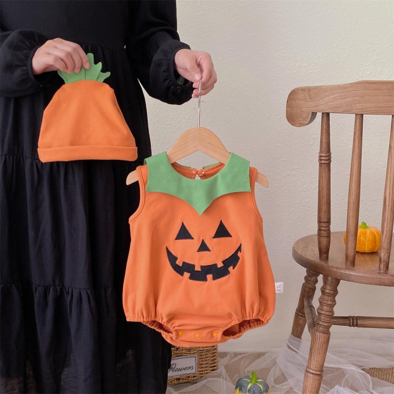 Baby Halloween Sleeveless Pumpkin Print Romper （Includes hat）