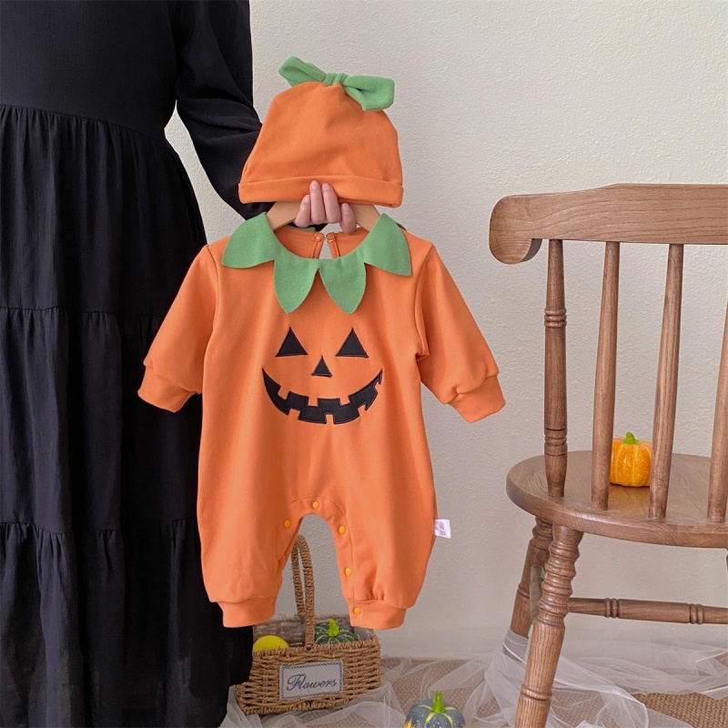 Baby Halloween Pumpkin Print Romper （Includes hat）