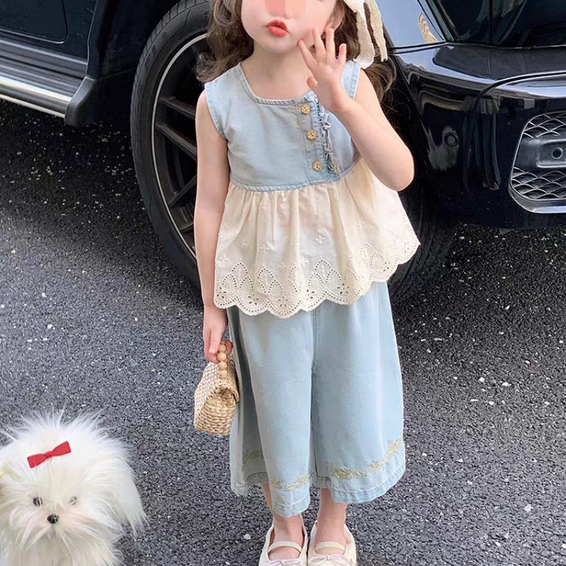 Baby Toddler Girls 2-Piece Lace Denim Patchwork Set