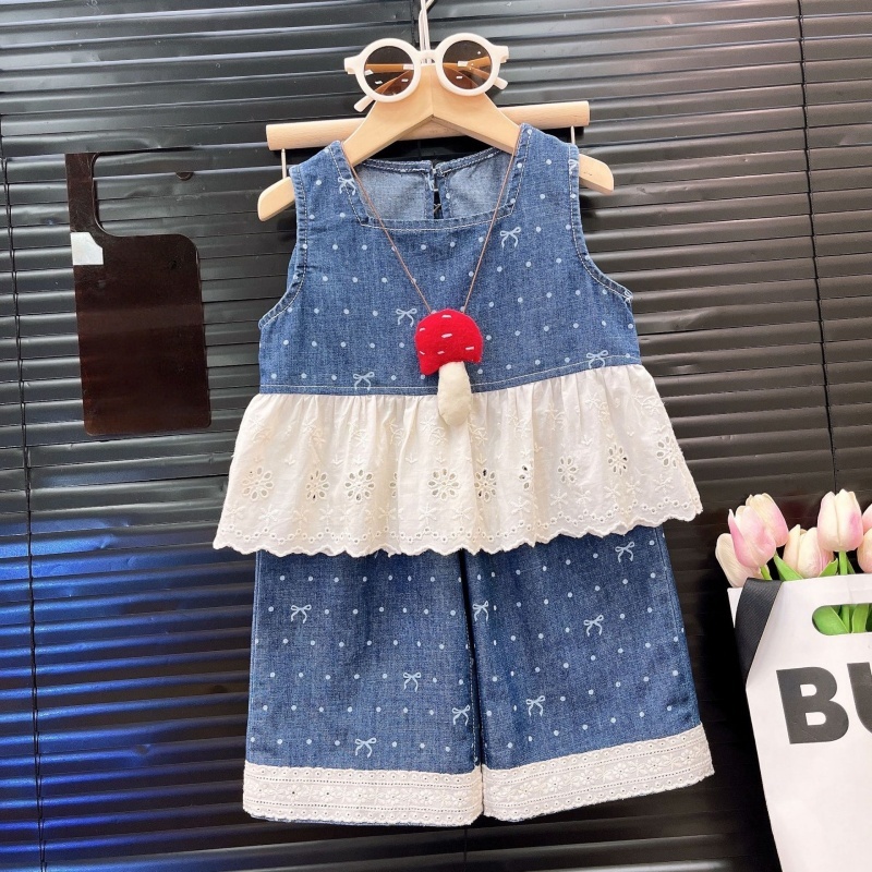2-Piece Baby Toddler Girls Lace Denim Patchwork Set