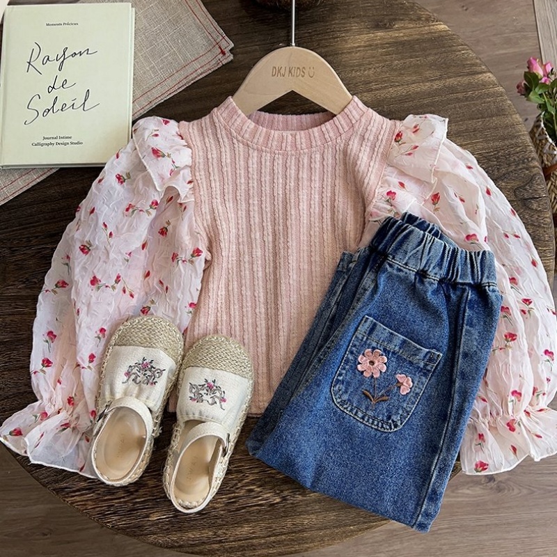 2-Piece Baby Toddler Girls Patchwork Top & Denim Set