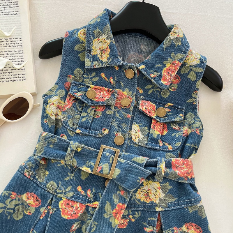 Baby Toddler Girl Floral Print Vest Denim Dress