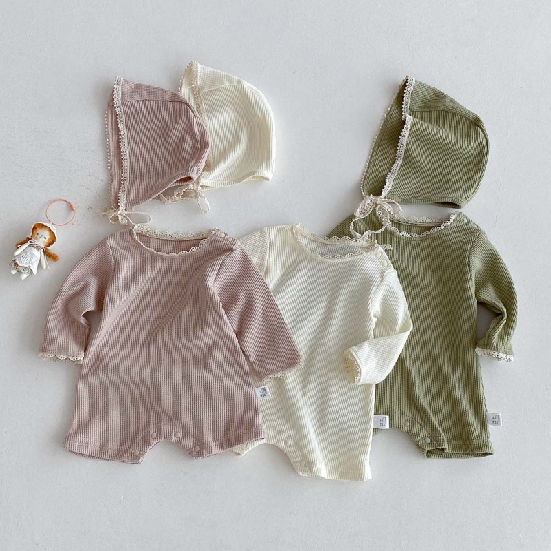 Baby Girl Waffle Lace Romper（Hat Included）