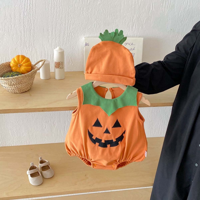 Baby Halloween Spooky Pumpkin Print Romper (with Hat)