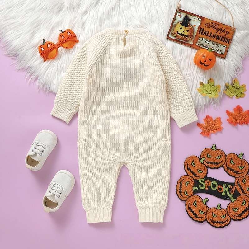 Baby Halloween Pumpkin Embroidered Sweater Rompers