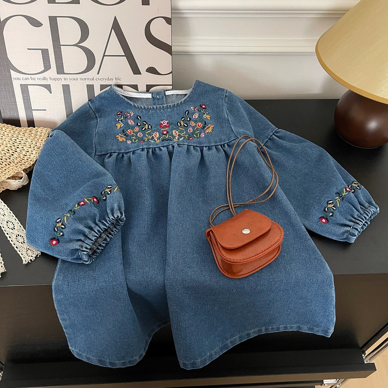 Toddler Kid Girl Floral Embroidered Denim Dress