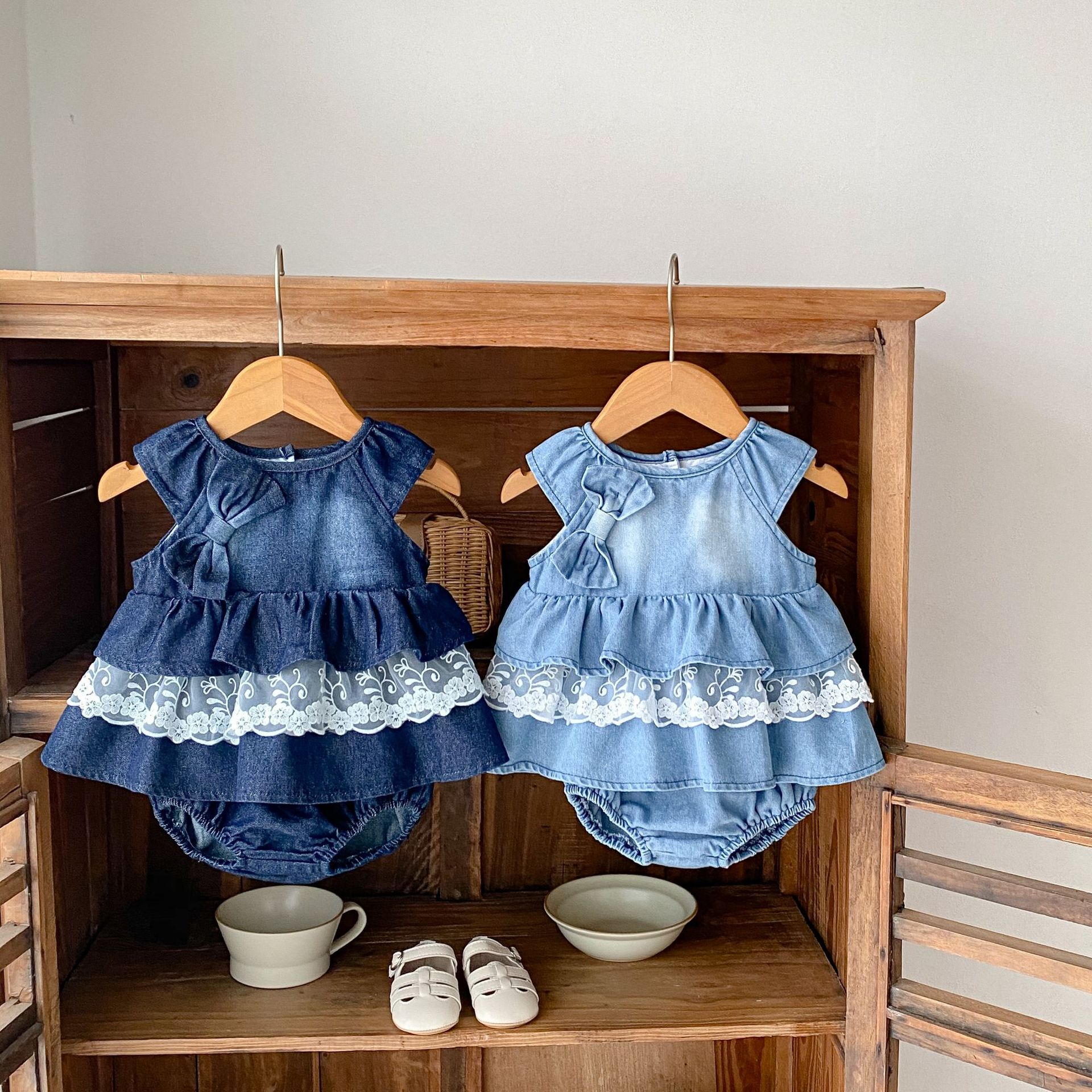 Baby Bow Tie Denim Dress and Shorts Set