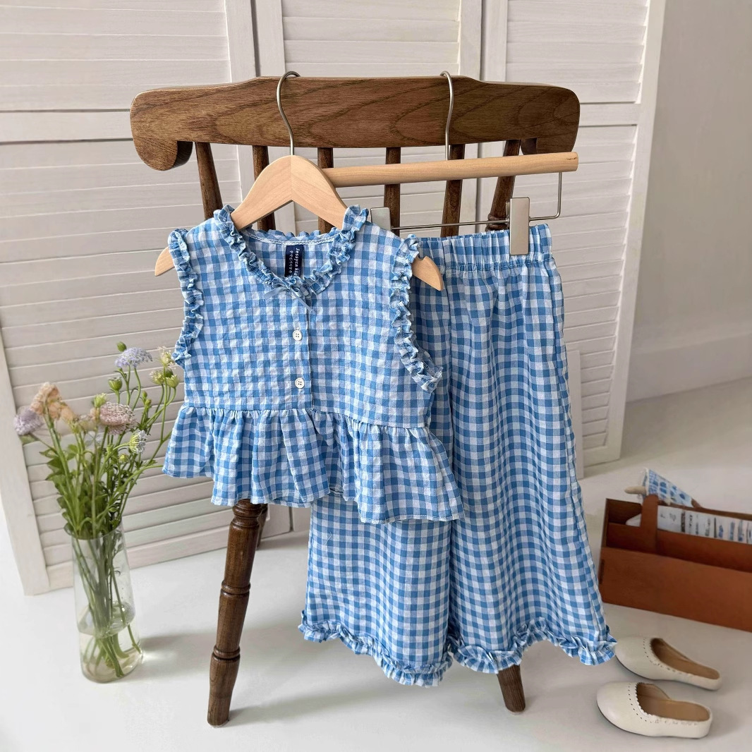 Kid Girls Checkered Lotus Leaf Top & Pants Set