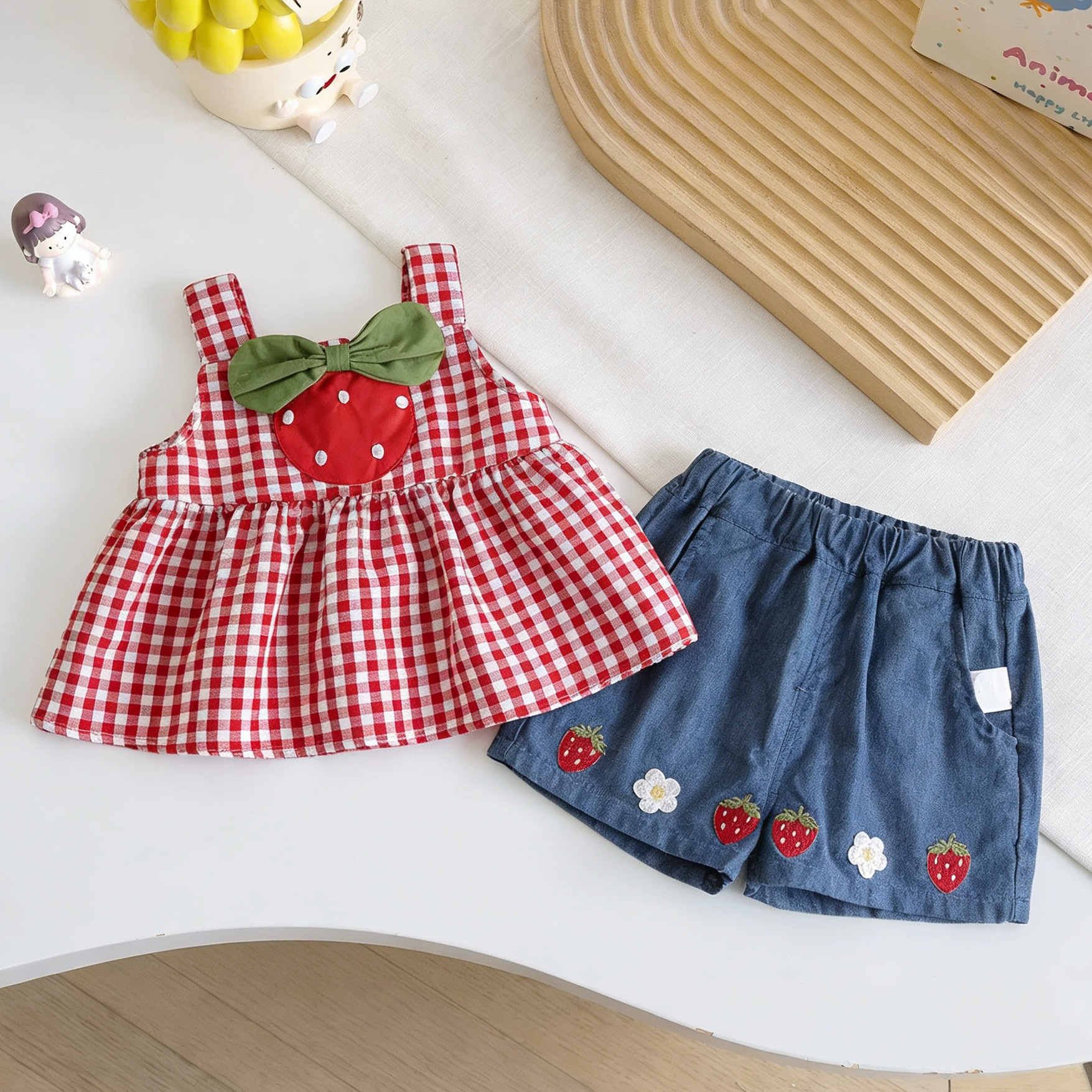 Kids Strawberry Camisole Plaid Top and Denim Shorts Sets