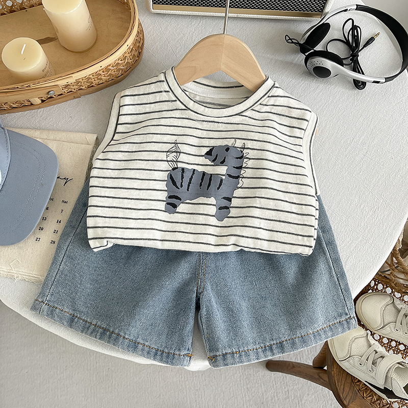 Kids Zebra Striped Vest Top and Denim Pants Set