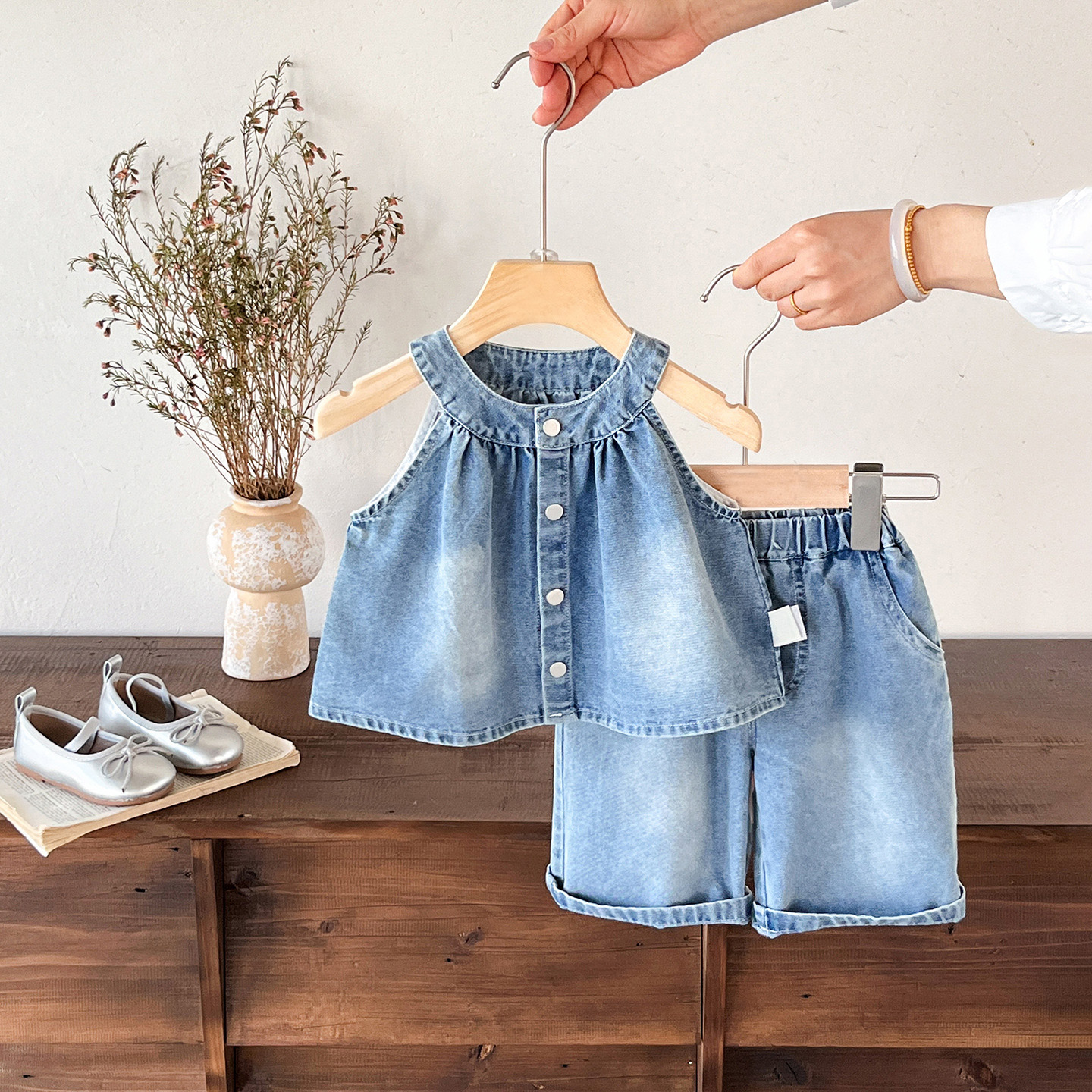 Baby Vest Button Jeans Top and Pants Set