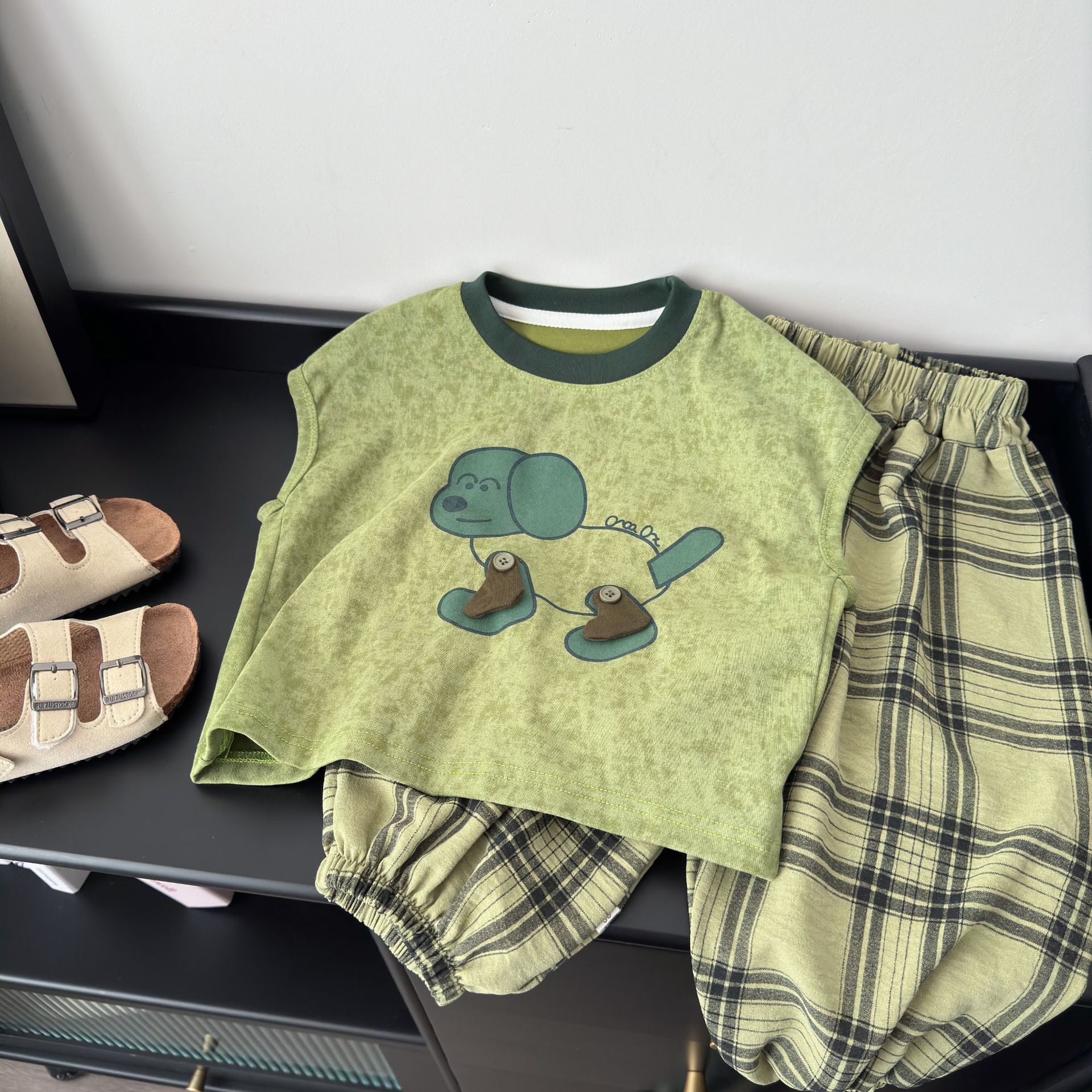 Baby& Kid Dog Pattern Vest Top and Plaid Pants Set