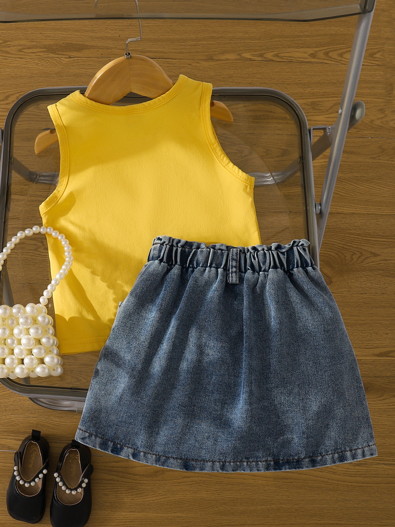 Kids Yellow Vest Flowers Top and Floral Print Denim Skirt 2-Piece Set