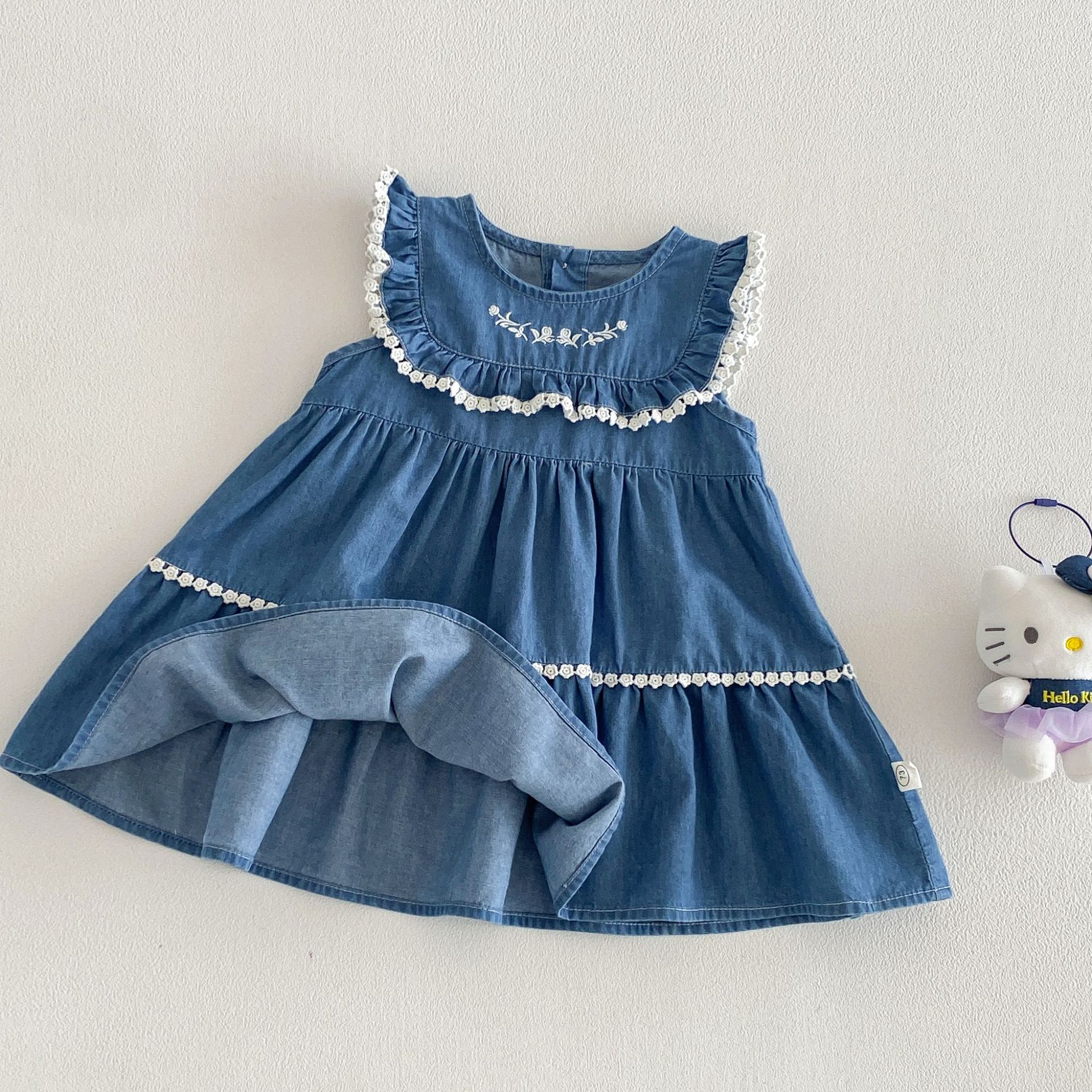 Baby Toddler Flower Lace Sleeves Denim Dress