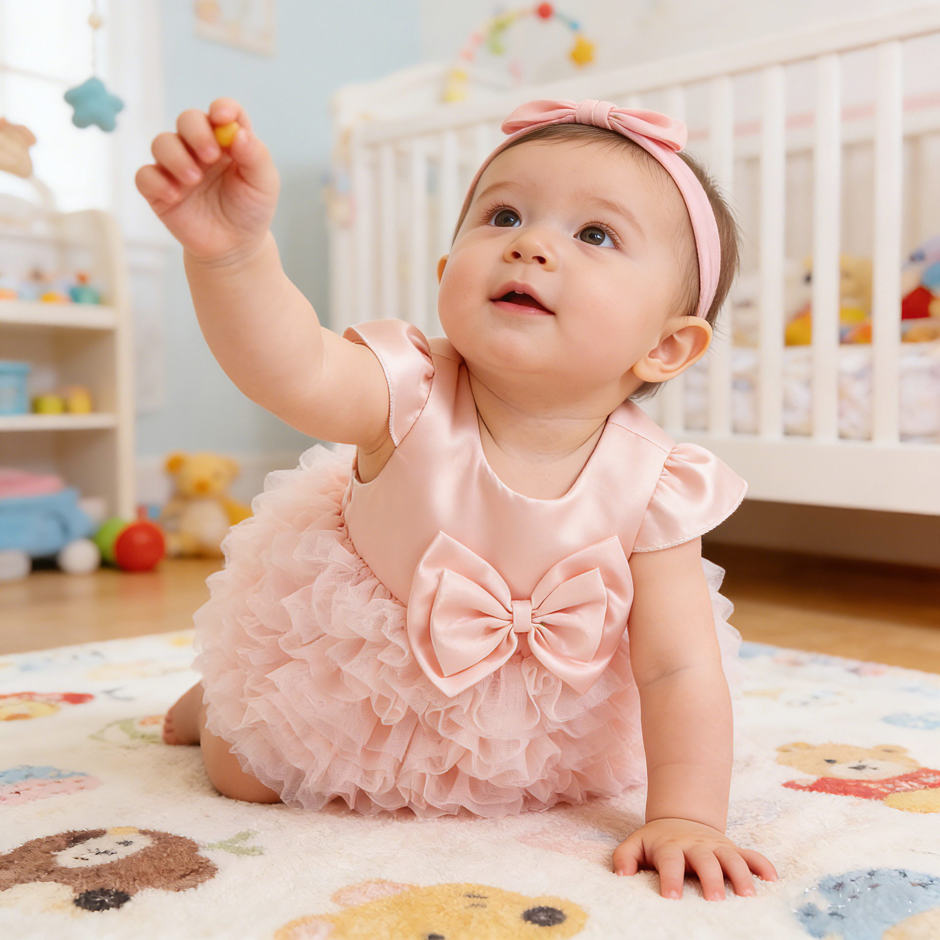 Baby Pink Gauze Bow Tiered Dress