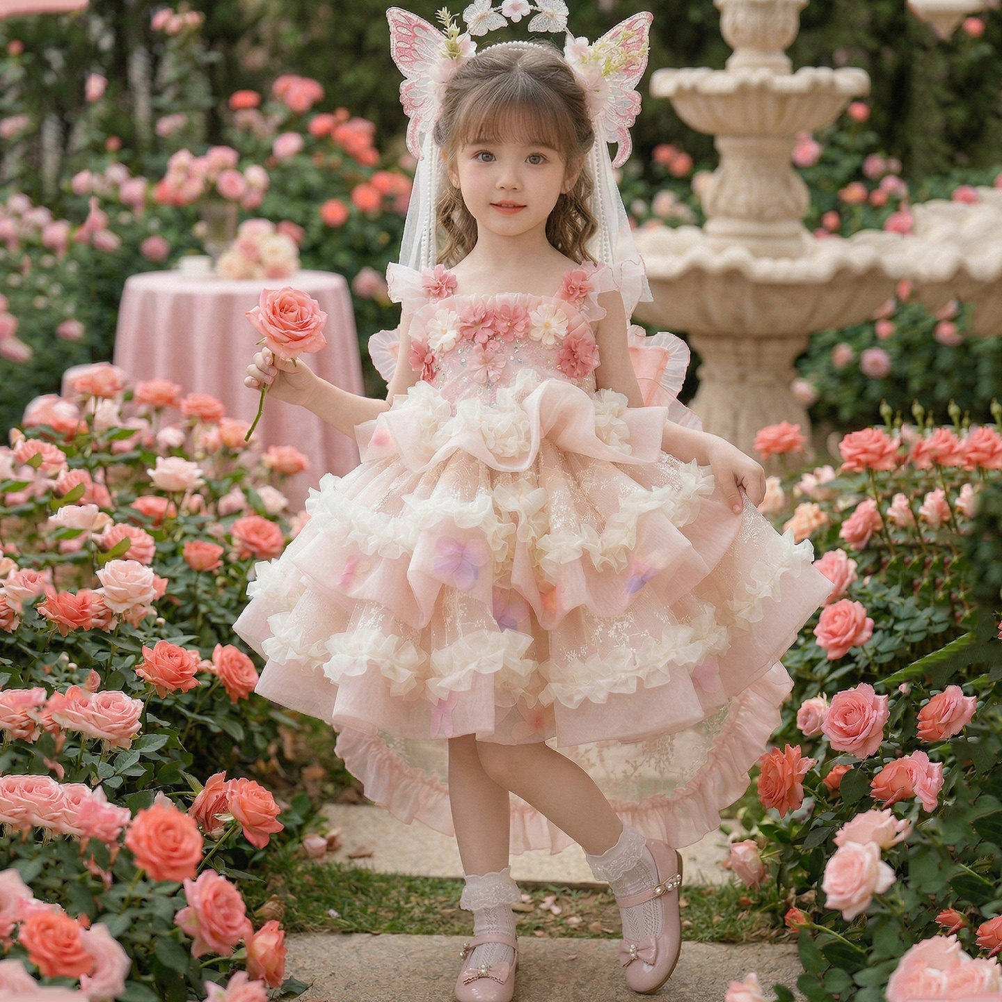 Kids Pink 3D Floral Lace Trim Tiered Tulle Dress