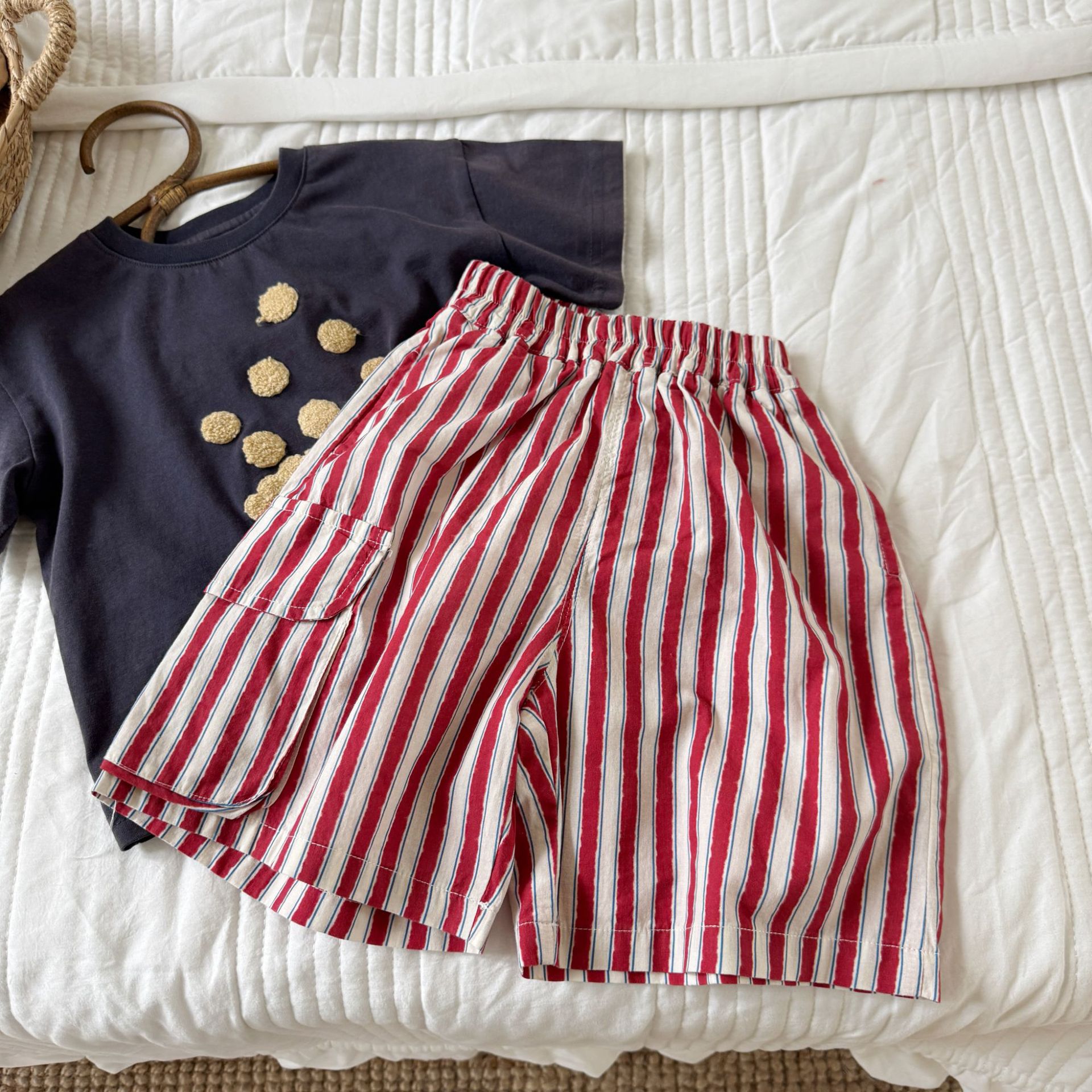 Kids Popcorn Pattern Top and Stripe Short Pants Set
